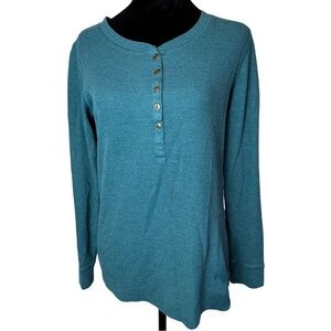 Natural Reflections Waffle Knit Thermal Teal Long Sleeve Henley Top Small